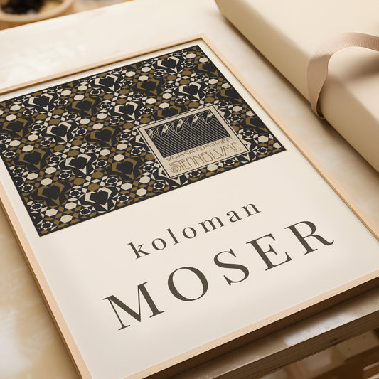 Koloman Moser Starflower Endpaper framed exhibition poster painting on table, museum-quality fine art print.