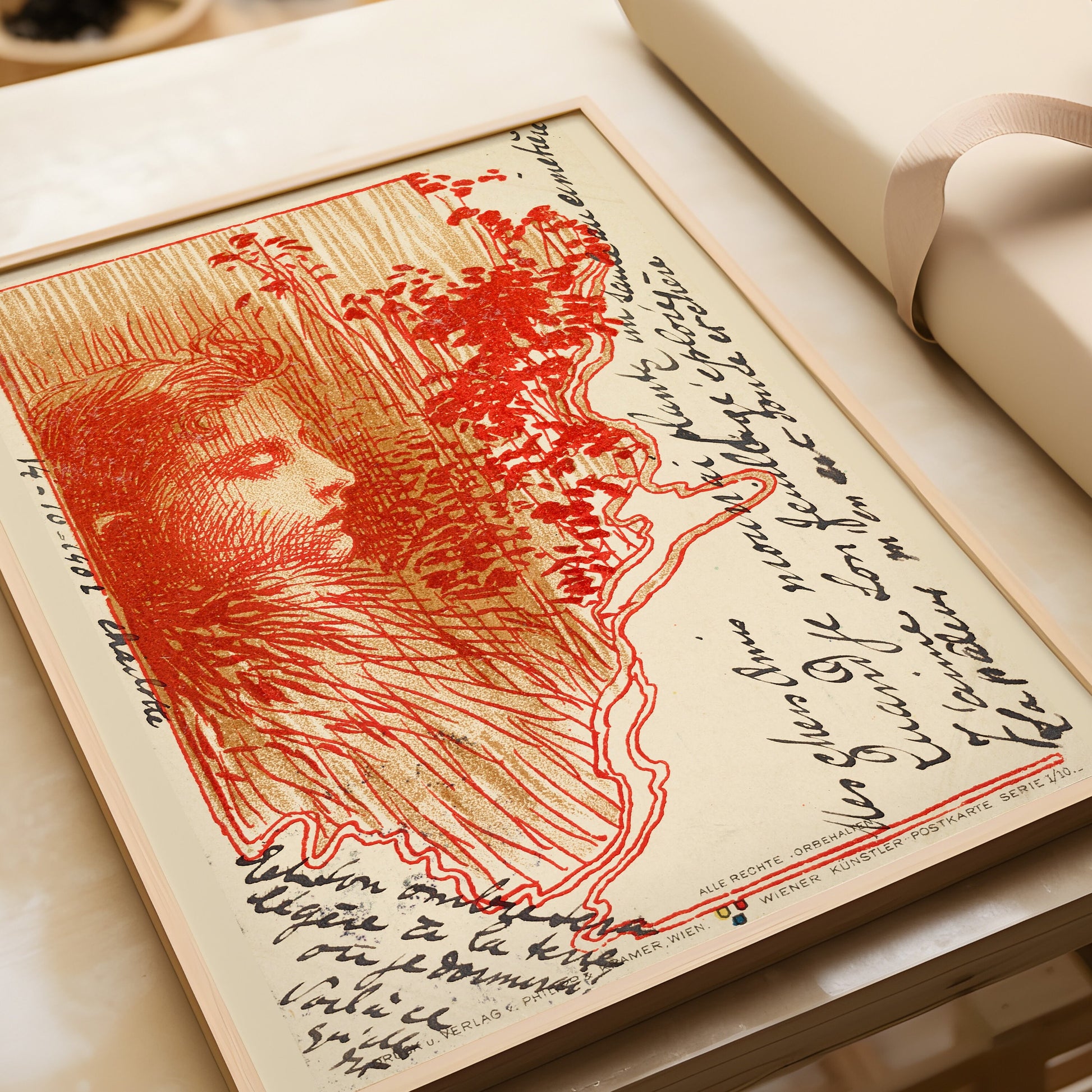 Koloman Moser postcard sketch in red with bespoke handcrafted frame, museum-quality fine art print, FSC-certified wood.