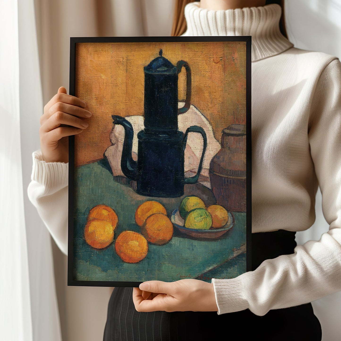 "The Blue Coffee Pot vintage still life framed art featuring fruit, perfect for home decor or gallery display, by Emile Bernard."