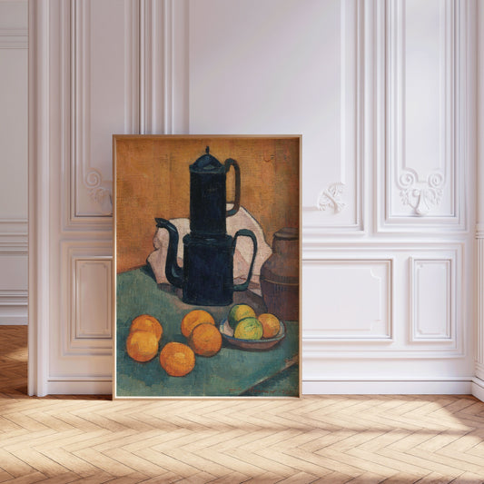 Vintage Impressionist Art - Emile Bernard's "The Blue Coffee Pot," framed, enhancing a modern interior with classic charm.