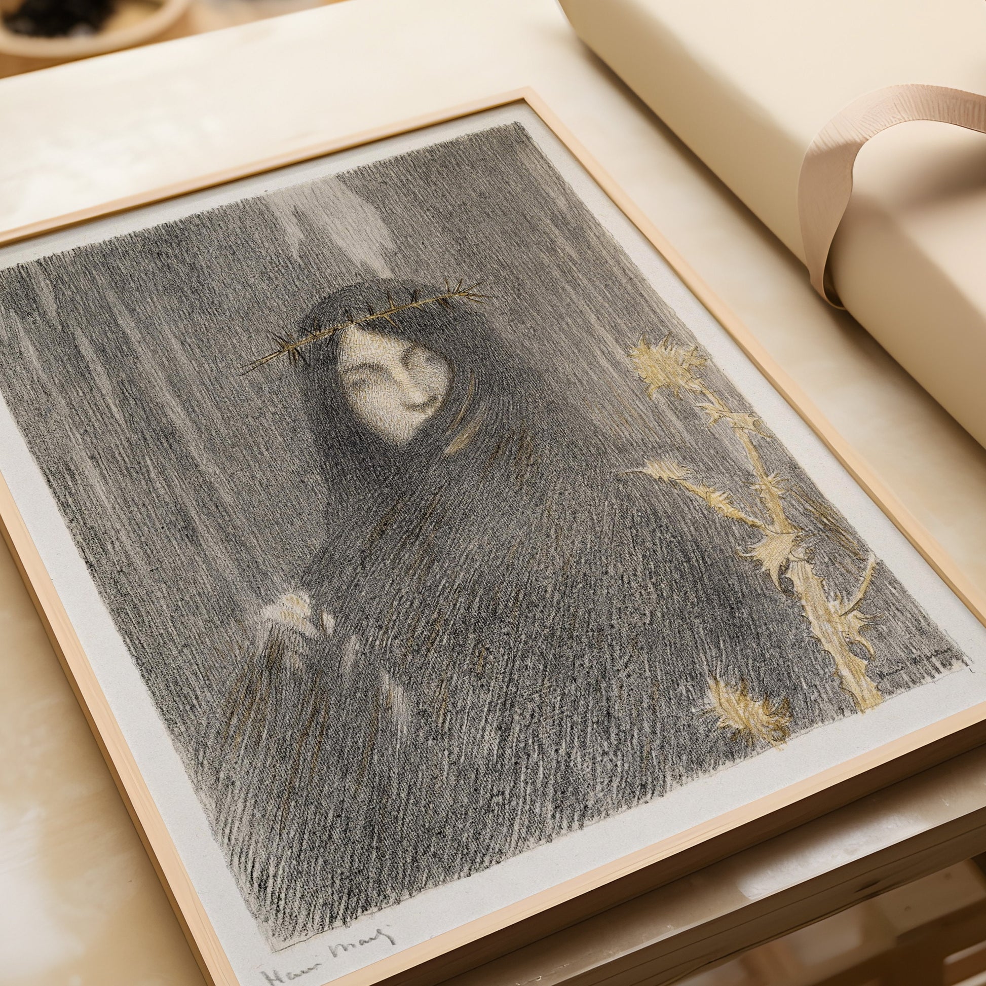 Henri Martin Head of a Woman still life art print in nude oak frame on table. Vintage impression, framed or unframed options.