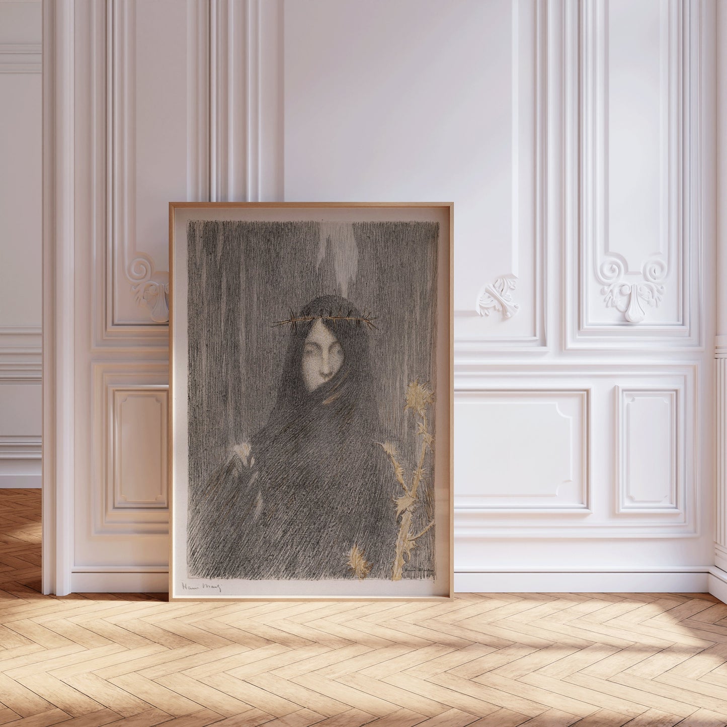 Henri Martin's "Head of a Woman" print in a stylish nude oak frame, set against elegant white wall paneling for a vintage art display.