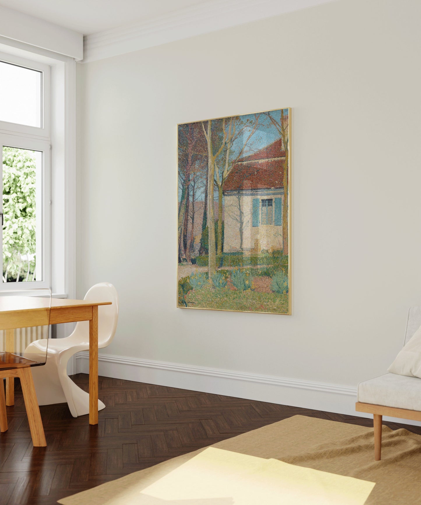 "Henri Martin's Corner of a House impressionist art print elegantly displayed in a modern living room, framed or unframed decor option"