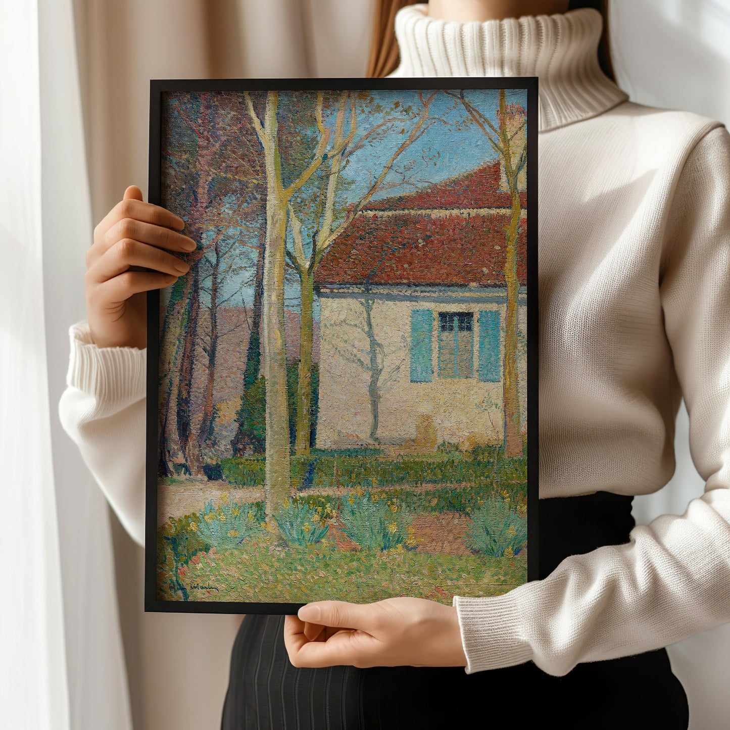 "Henri Martin Corner of a House framed vintage impressionist art held by person, available in bespoke frames, elevate your space"