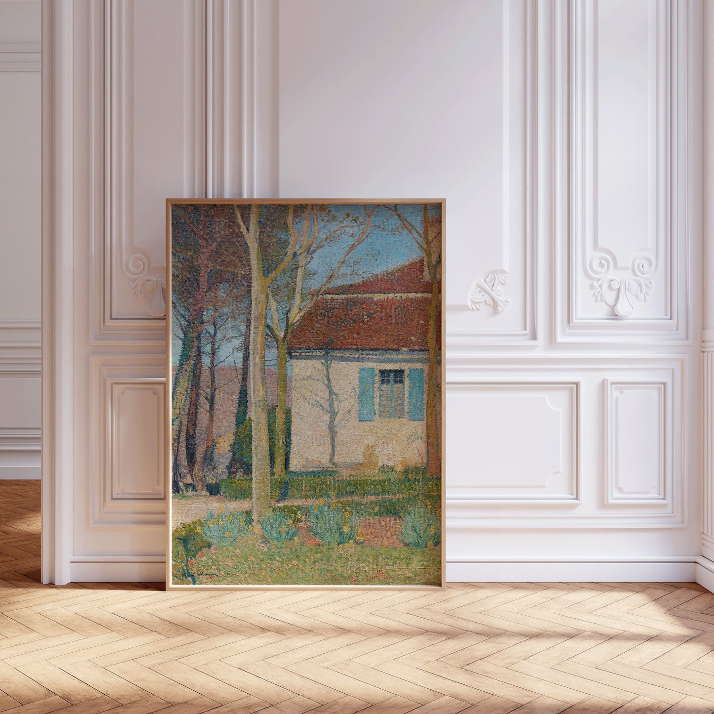 "Henri Martin Corner of a House framed vintage impression art displayed in elegant room"