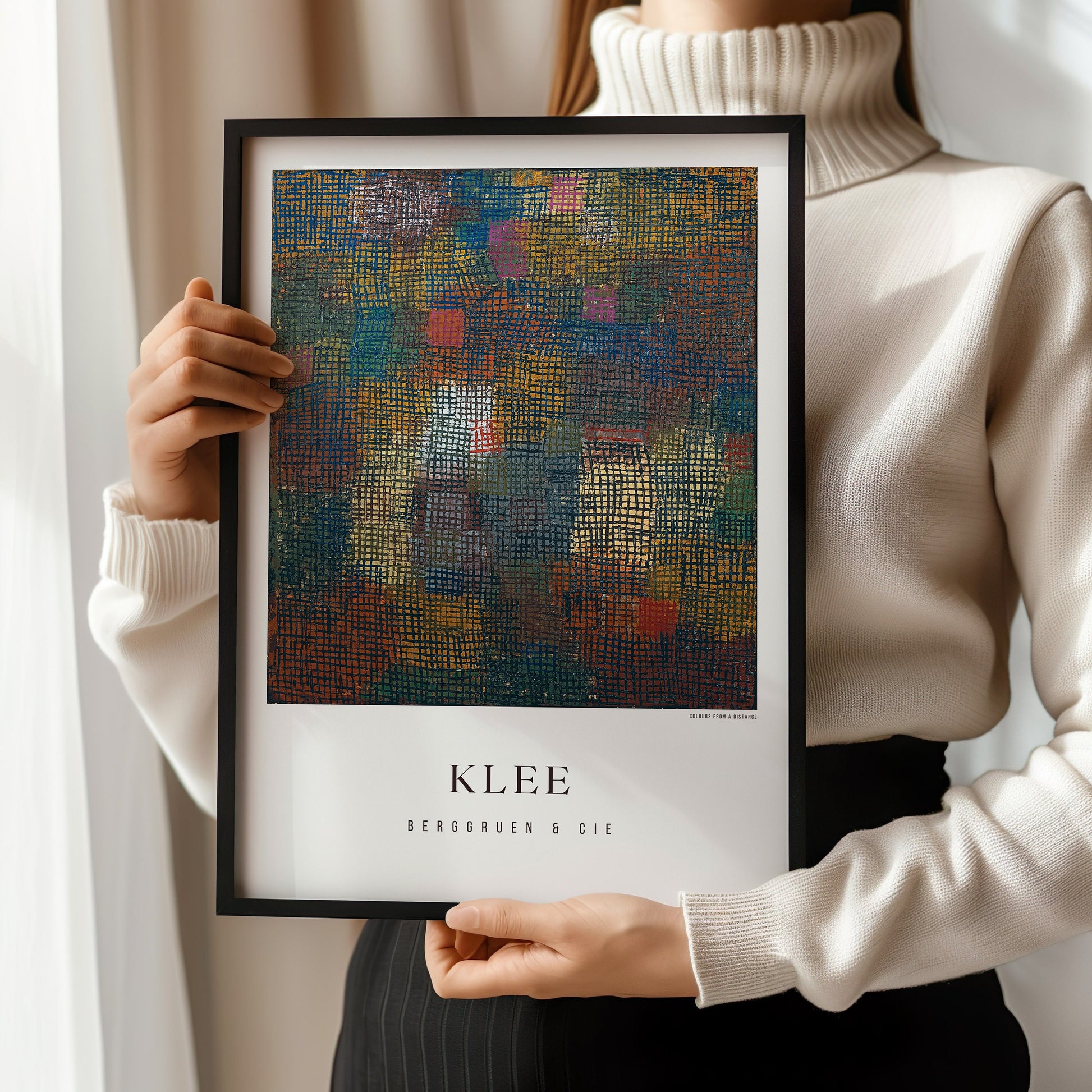 Modern abstract art print of Paul Klee's "Colours from a Distance" in a black frame, perfect for elevating any space.