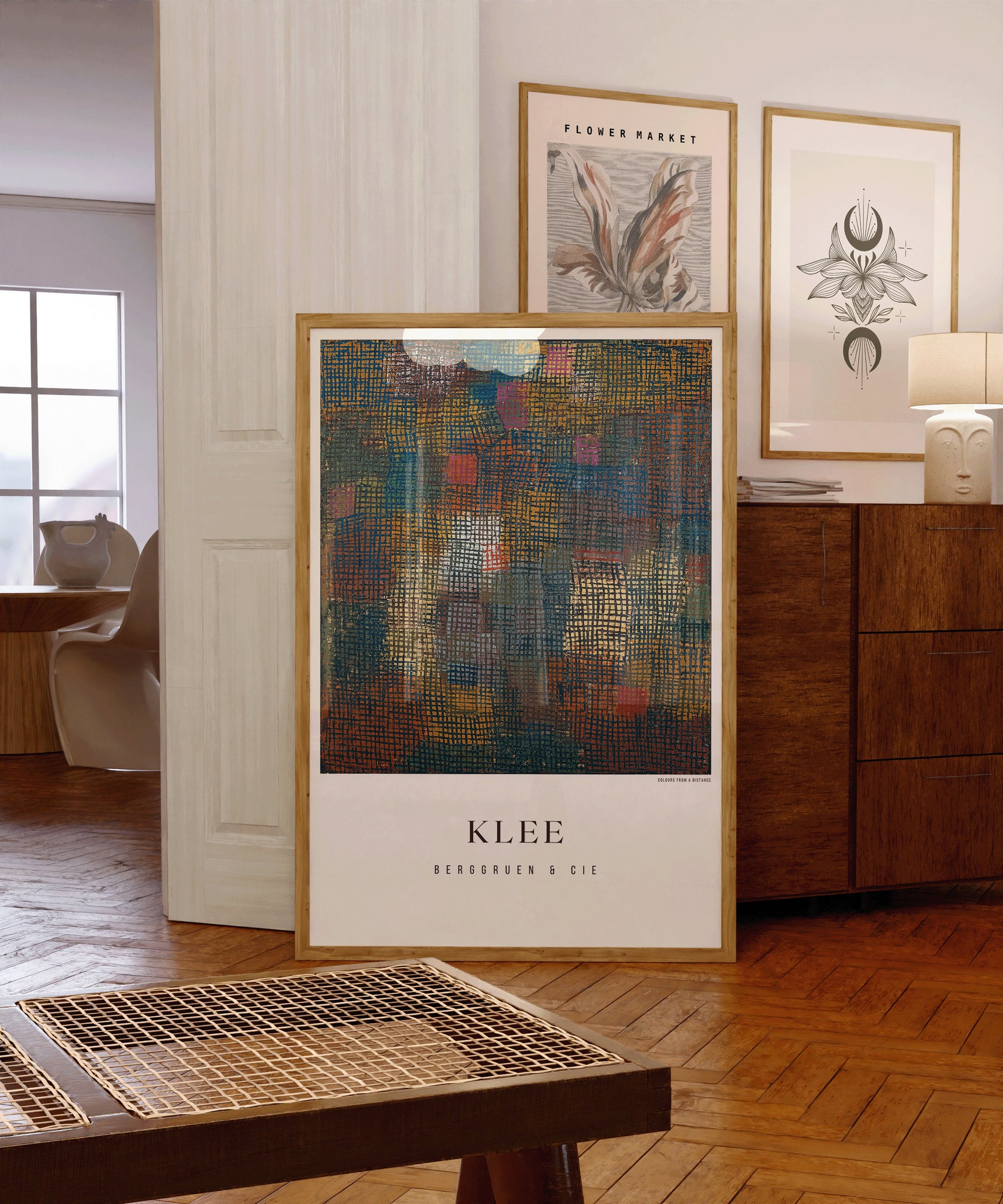 Modern abstract art print by Paul Klee in a stylish living room, available framed or unframed, museum-quality fine art.