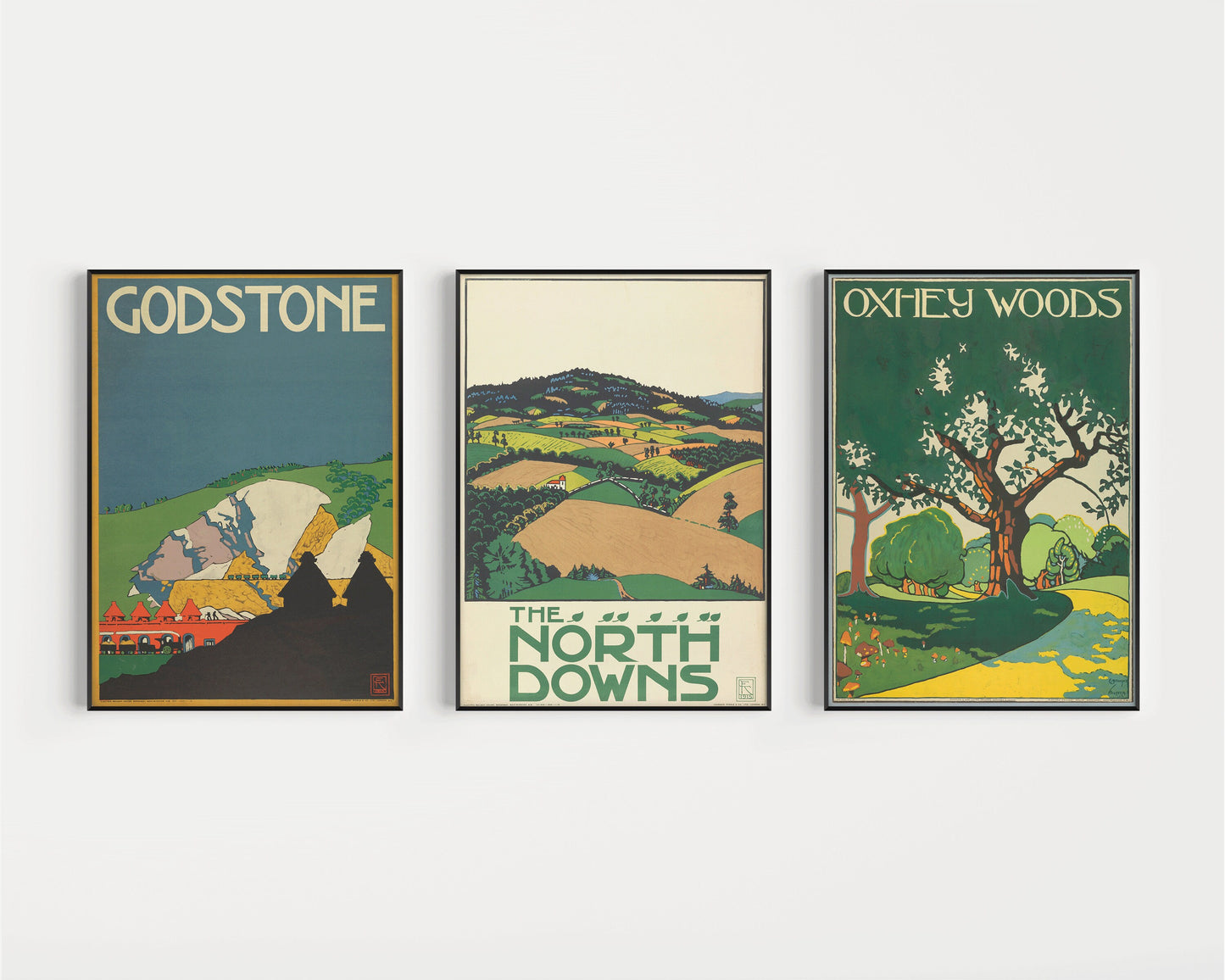 Edward McKnight Kauffer London Underground posters set of 3, Godstone, The North Downs, Oxhey Woods, framed vintage art prints.