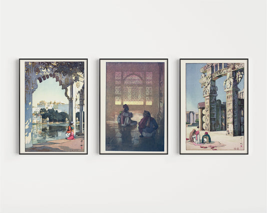 Hiroshi Yoshida art prints featuring Udaipur Castle, Fatehpur Sikri Window, and Sanchi Stupa, available framed or unframed.