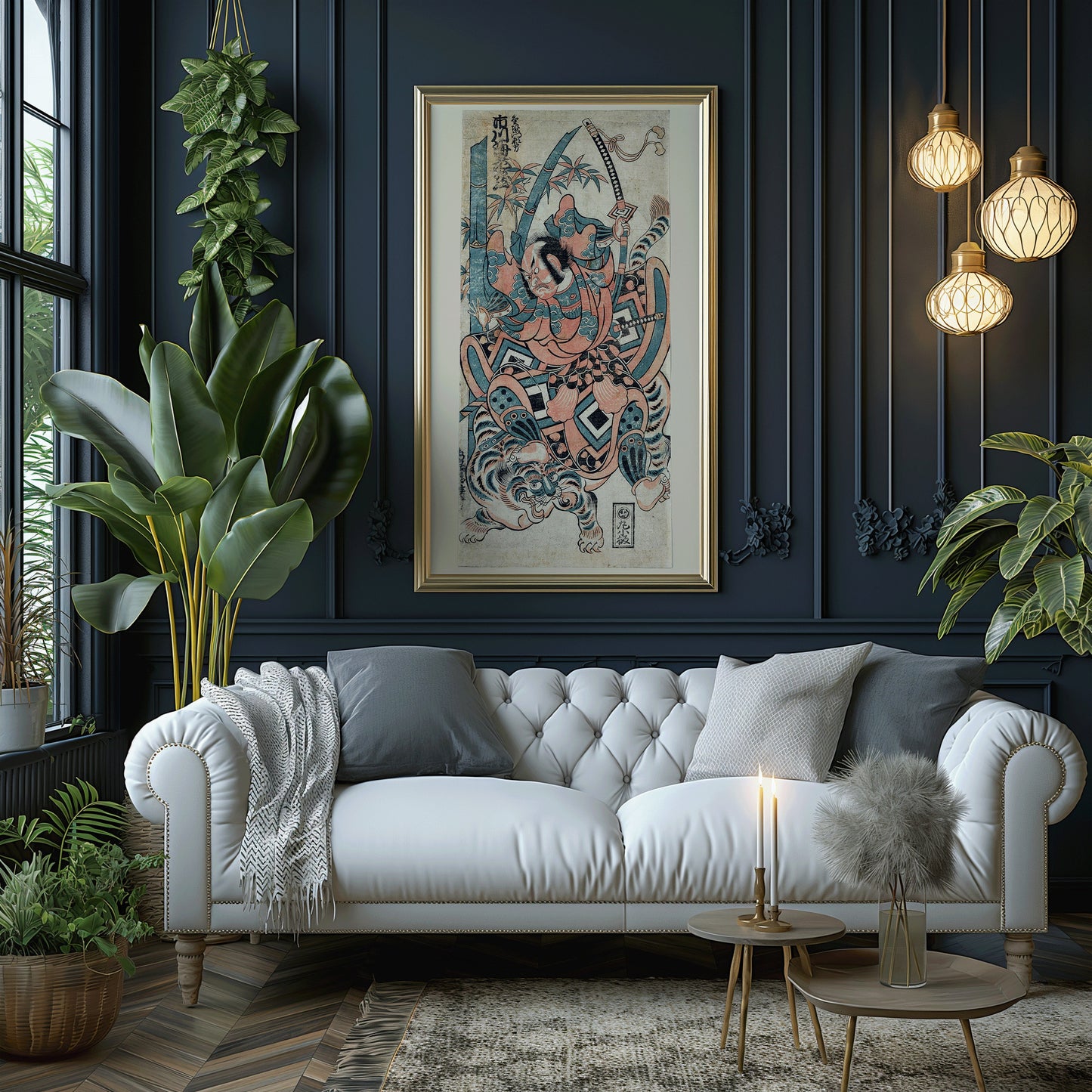 Torii Kyomasu Kinzaemon Yorikata art print framed on dark wall in elegant living room with plants and white sofa.