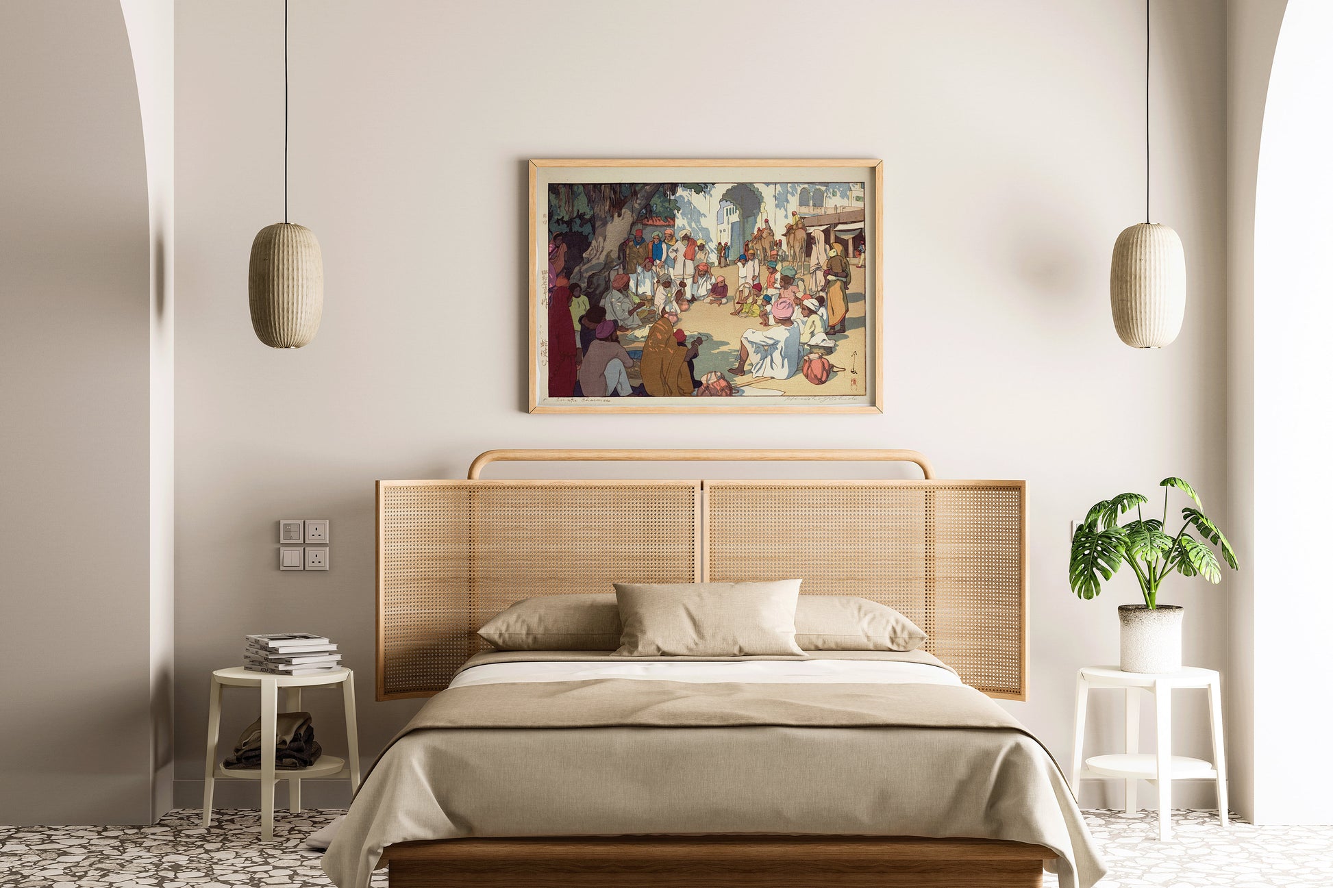 Bedroom with framed Hiroshi Yoshida woodblock art on wall, featuring neutral decor and plants for a serene atmosphere.