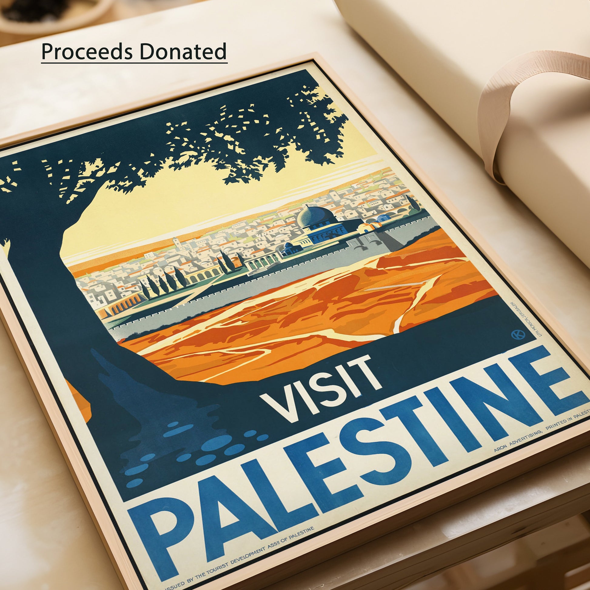 Vintage Visit Palestine poster print with text 'Proceeds Donated', available framed or unframed, supports Palestine Children's Relief Fund.