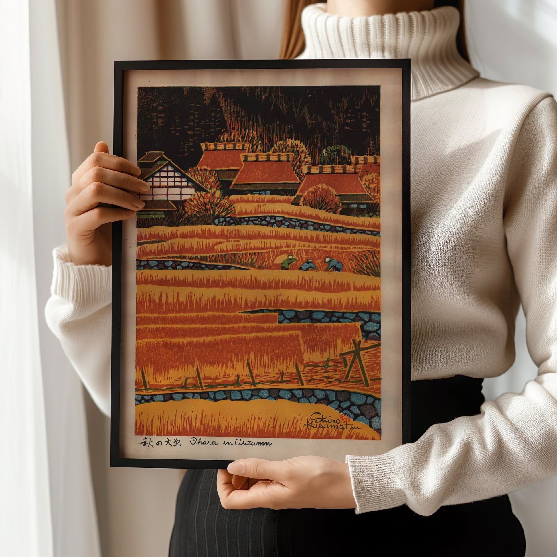 "Shiro Kasamatsu's Ohara in Autumn, vintage Japanese woodblock art, displayed in a black frame, featuring vibrant orange tones"