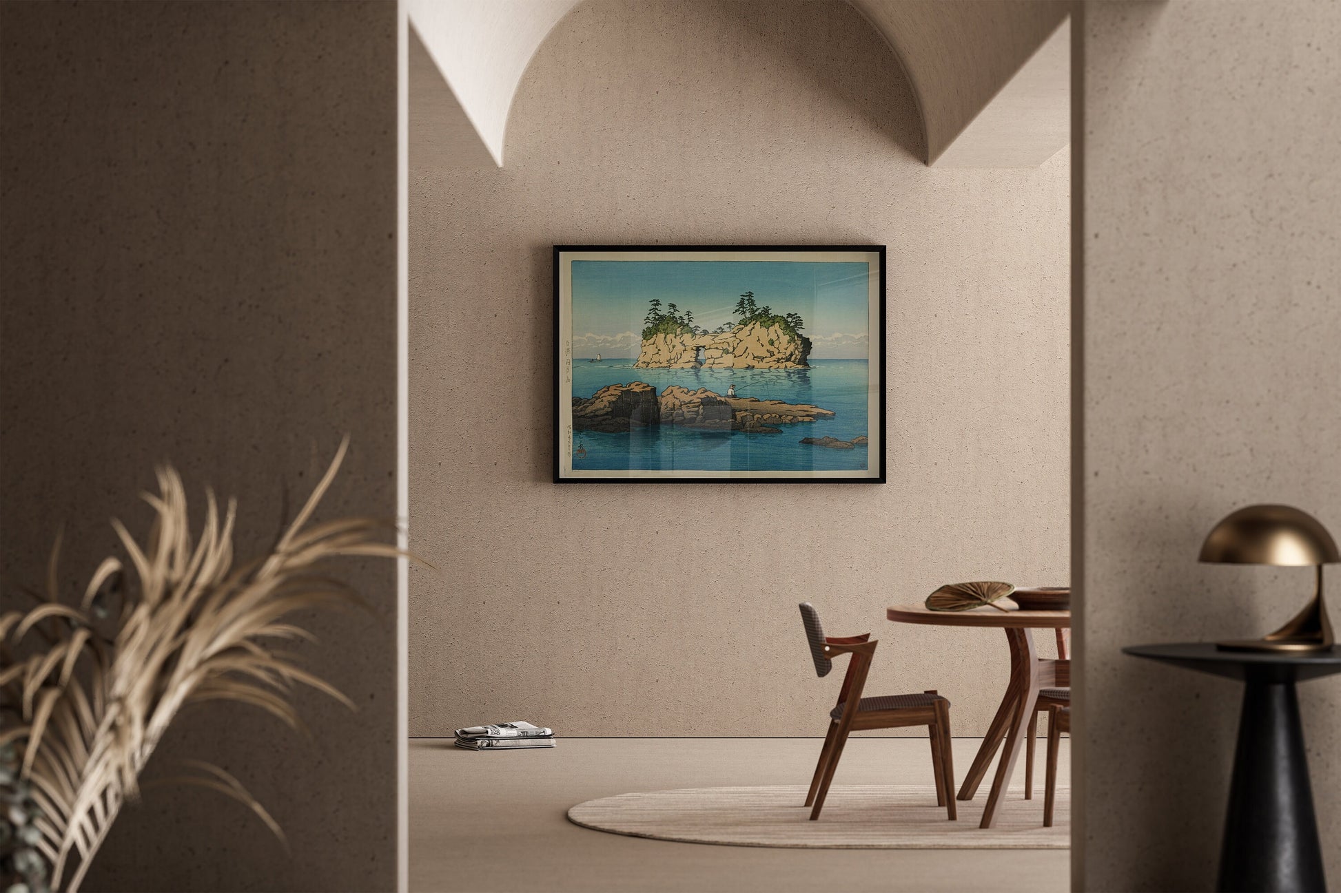 "Kawase Hasui Engetsu Island print in modern dining room, framed Japanese vintage art on neutral wall"