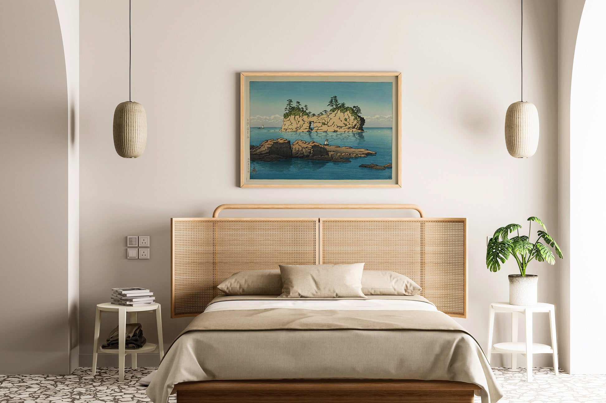 Elegant bedroom with framed Kawase Hasui Engetsu Island art on wall, featuring neutral tones and stylish decor.