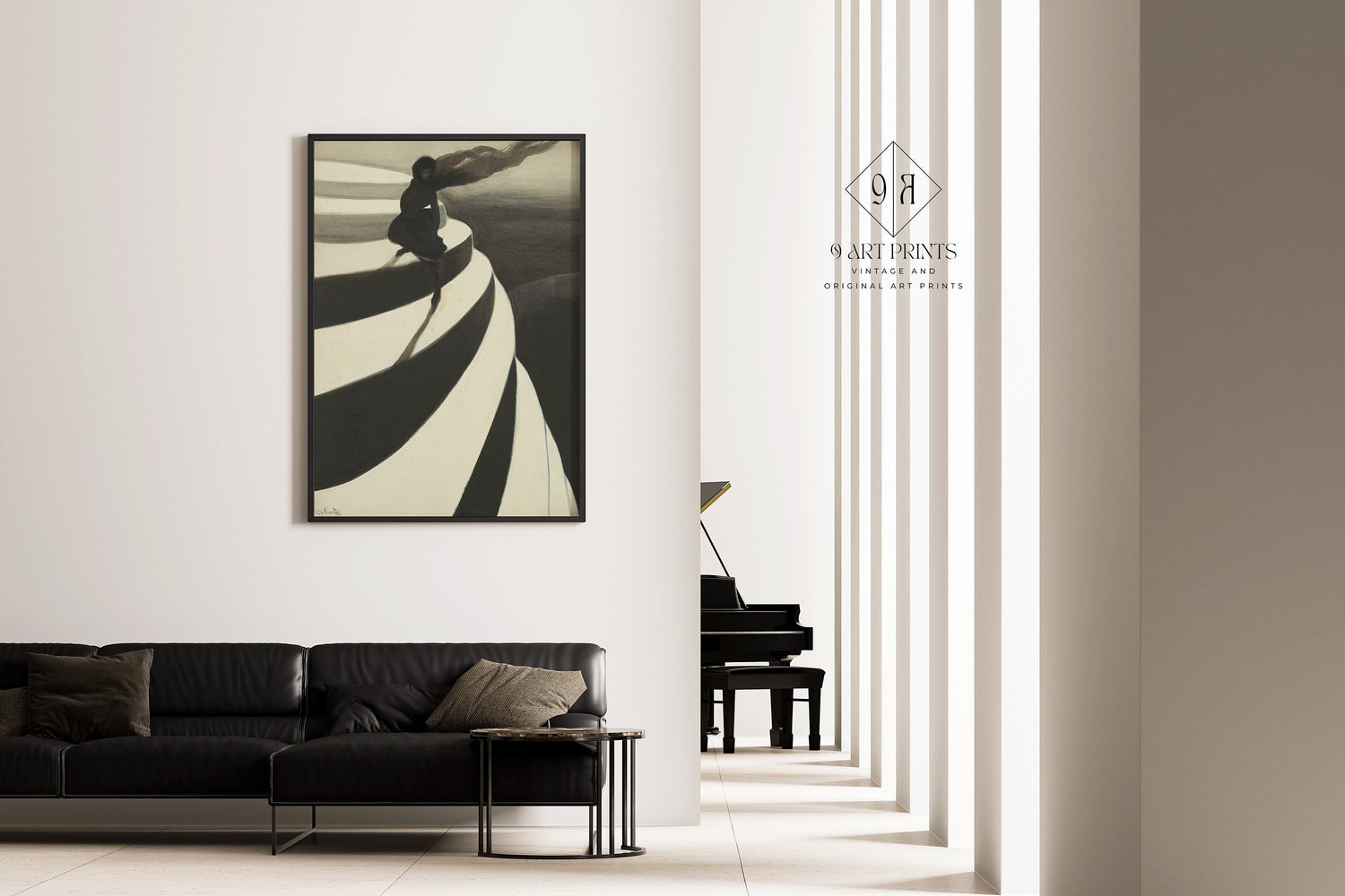 Elegant living room with Leon Spillaert's Vertigo art print, featuring a striking black and white spiral design above a modern sofa.