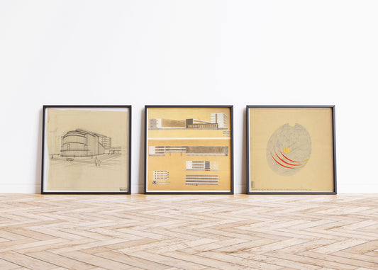 Walter Gropius Bauhaus Sketch Posters Set of 3, framed art prints on display in a modern room, elevated with museum-quality craftsmanship.