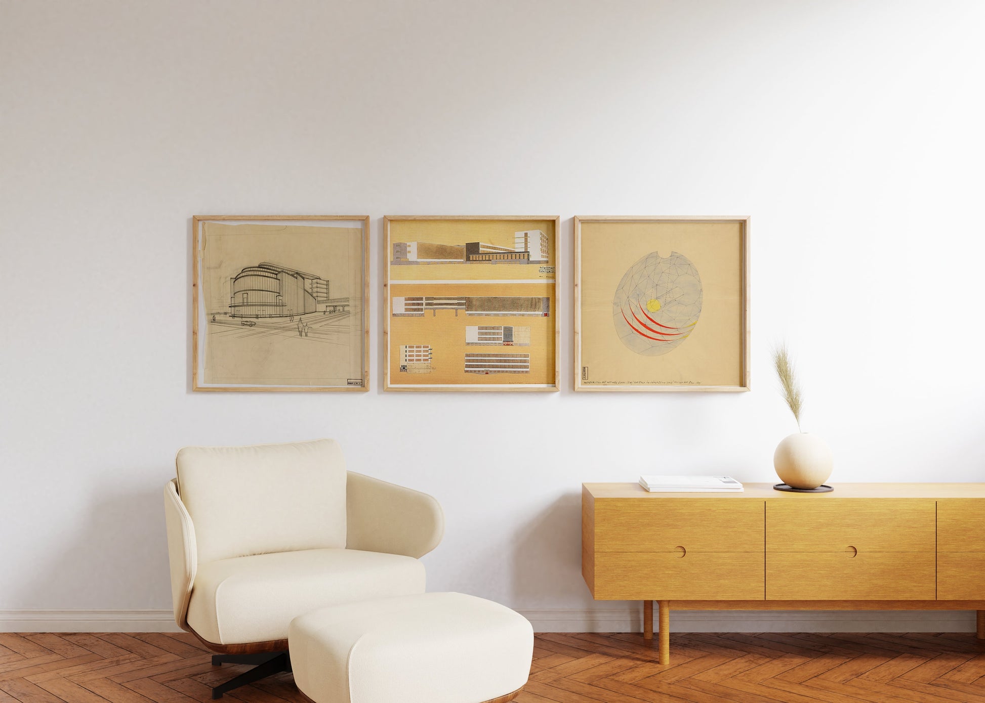 Walter Gropius Set of 3 Vintage Bauhaus Building Sketch Posters | Available framed or unframed