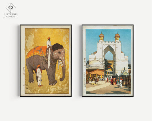 Hiroshi Yoshida Set of 2 India Prints - Elephant and Rider and Ajmer Gate | Vintage Japanese Woodblock Art (available framed or unframed)