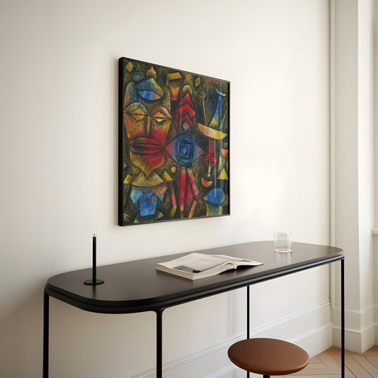 Vintage Mid-century Modern Abstract Art Print by Paul Klee in a stylish interior setting, available framed or unframed.