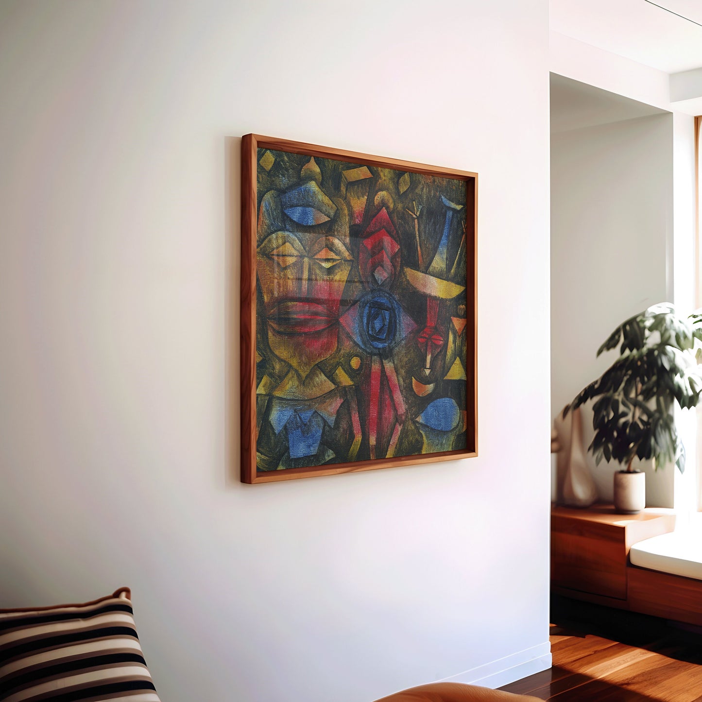 Mid-century modern abstract art print, vintage styled framed, displayed in bright living room setting.