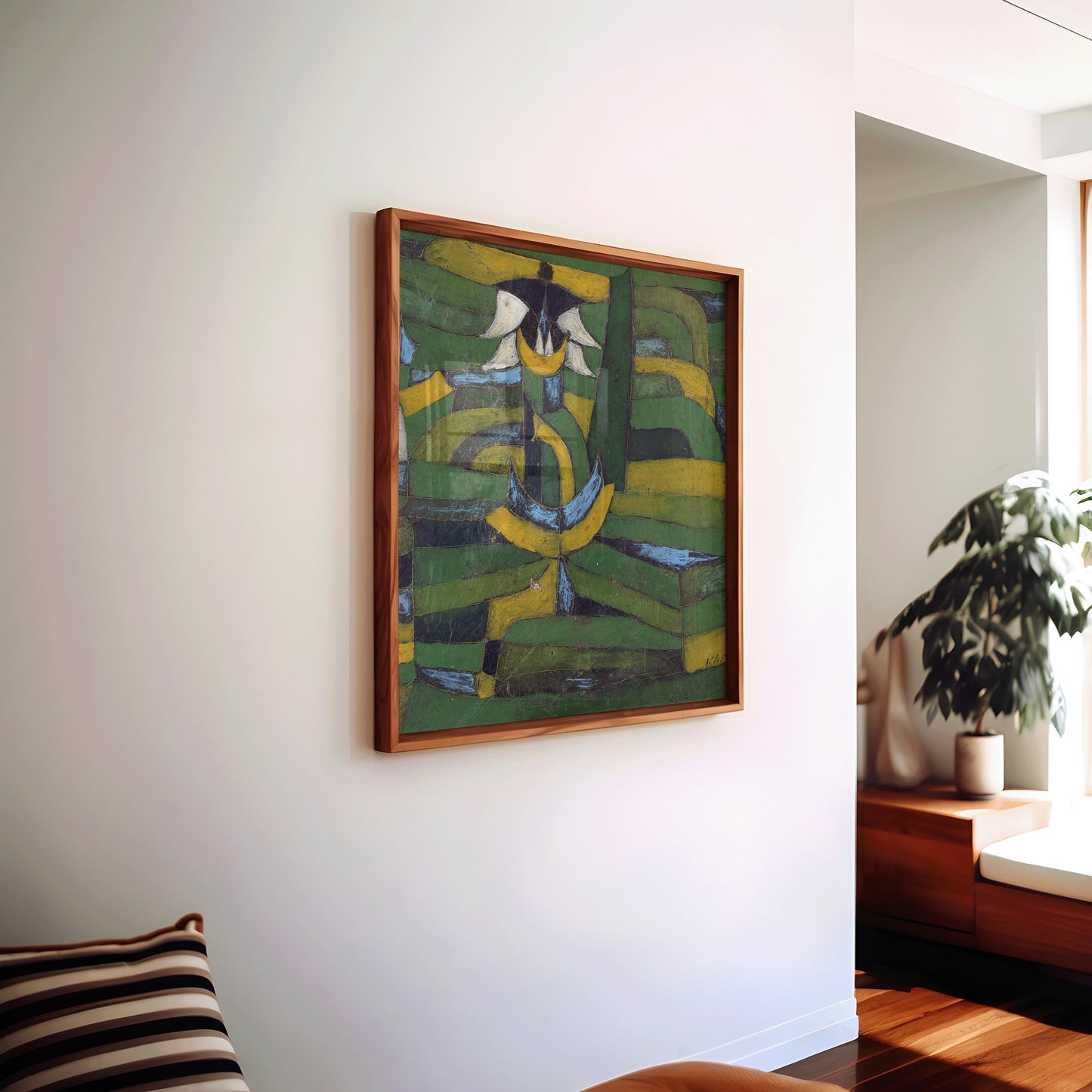 Paul Klee White Blossom in the Garden vintage art print framed on a wall in a modern living space.