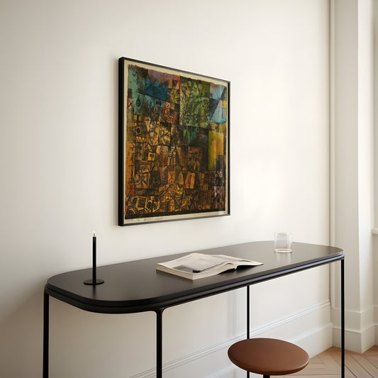 "Paul Klee's City of Graves print in modern room setting, showcasing abstract art, available framed or unframed, mid-century decor."