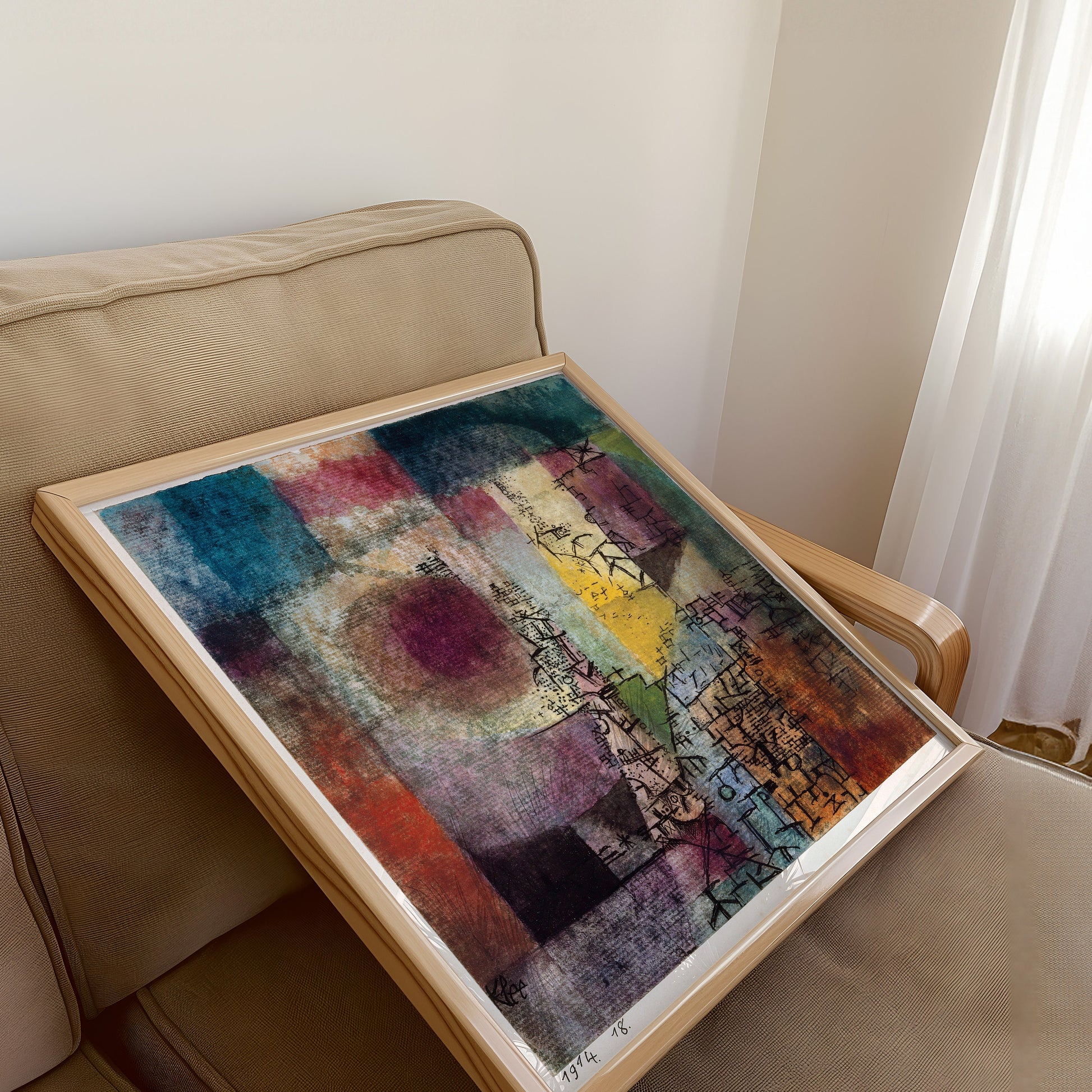 Paul Klee Untitled 1914 vintage abstract art print on beige chair, available framed or unframed, mid-century modern decor