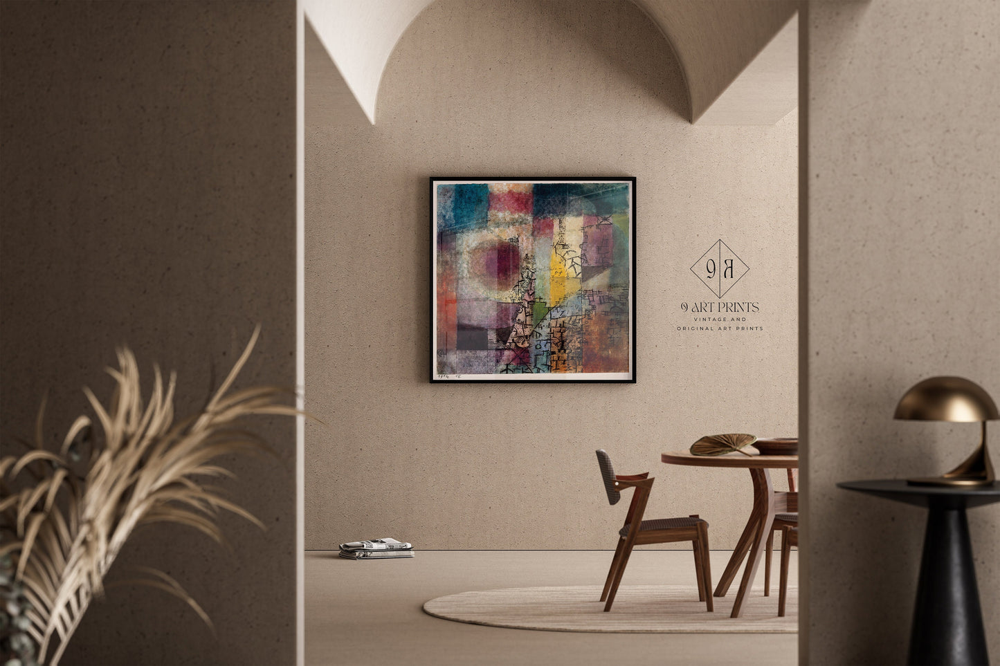 Vintage mid-century modern abstract art print by Paul Klee in stylish room setting, available framed or unframed.