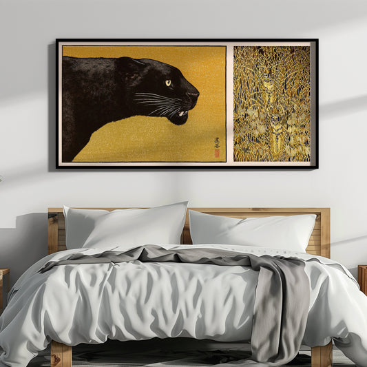 Toshi Yoshida - Black Panther and Camouflaged Tigers Two in One | Vintage Gold Japanese Wide Panoramic Art (available framed or unframed)