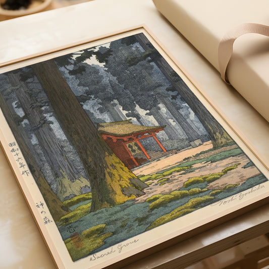 "Toshi Yoshida Sacred Grove framed vintage Japanese woodblock art with bespoke frame handcrafted in FSC-certified wood"