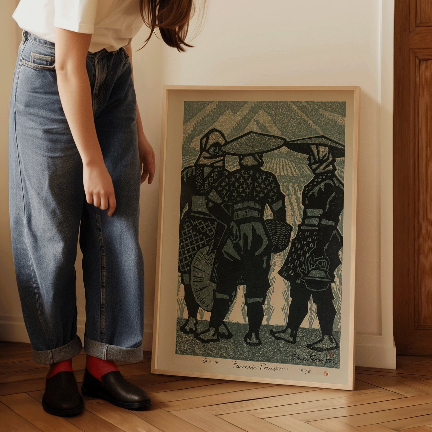 "Vintage Japanese woodblock art in blue featuring farmer's daughters, displayed in a framed setting, ready to elevate your space."