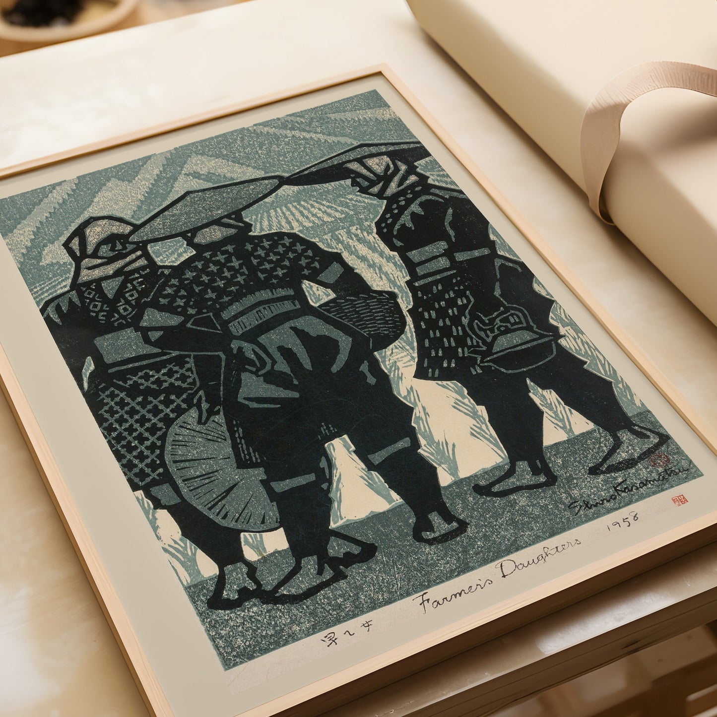 Vintage Japanese woodblock art "Farmer's Daughters" by Shiro Kasamatsu in blue, shown framed, ready to enhance your space.