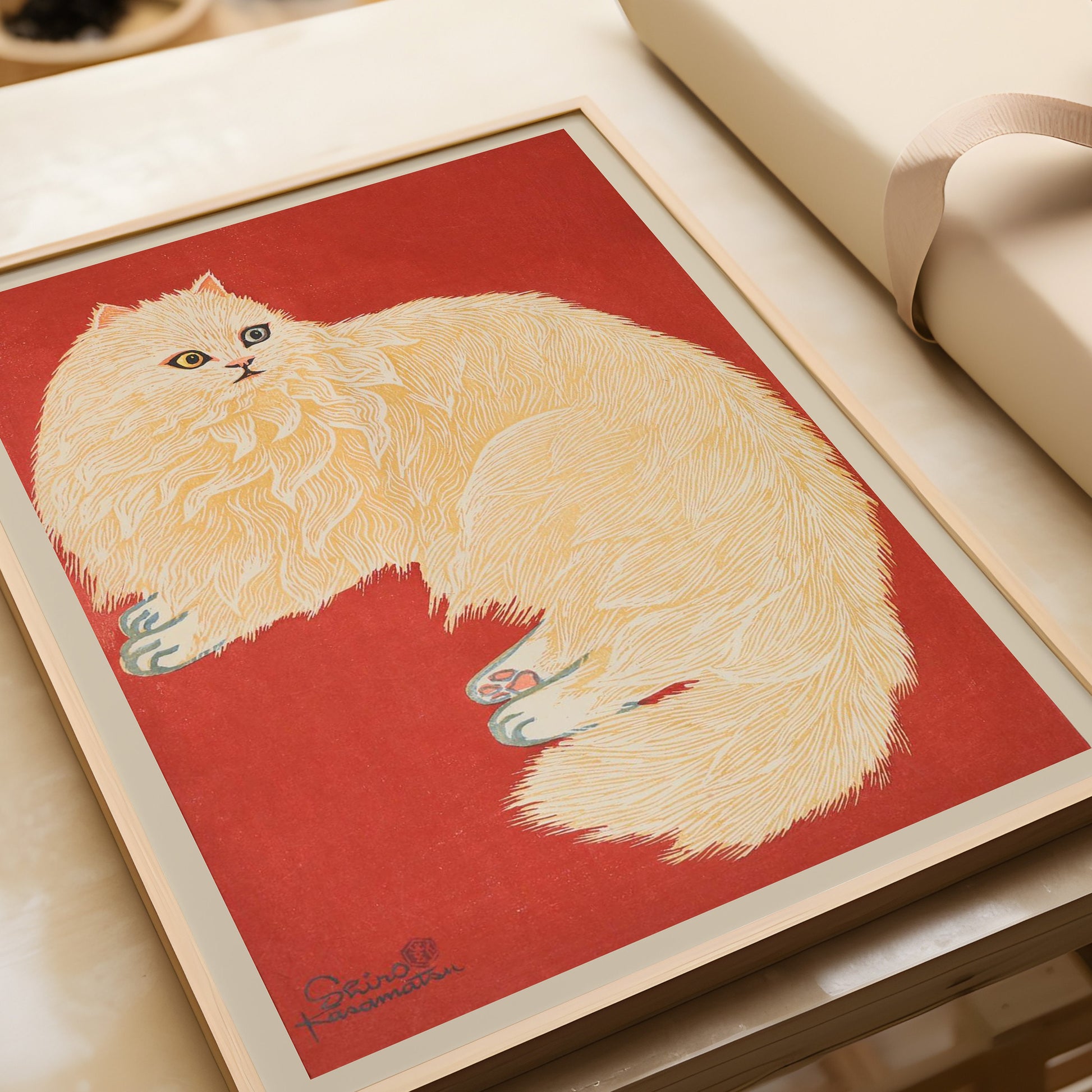 Vintage Japanese woodblock print featuring a white cat by Shiro Kasamatsu, available in fine art quality with bespoke framing options.