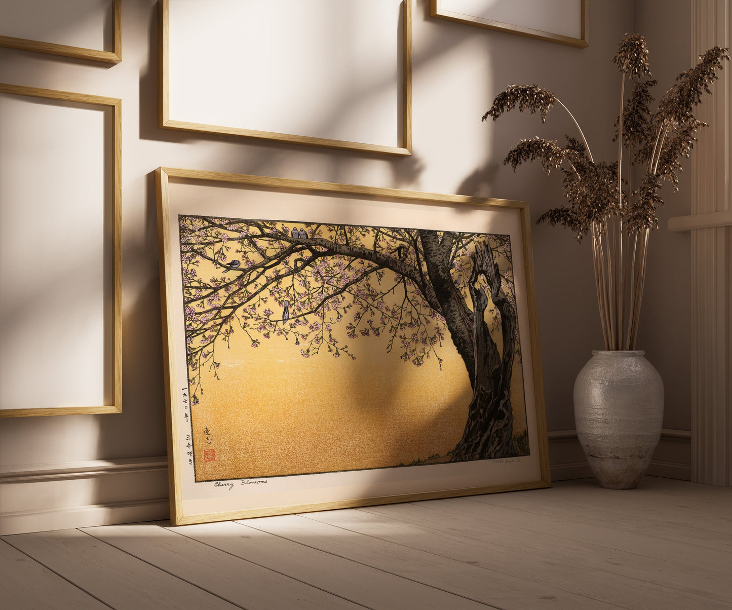 Toshi Yoshida – Cherry Blossoms | Famous Iconic Vintage Japanese Woodblock Art in Yellow Gold (available framed or unframed)