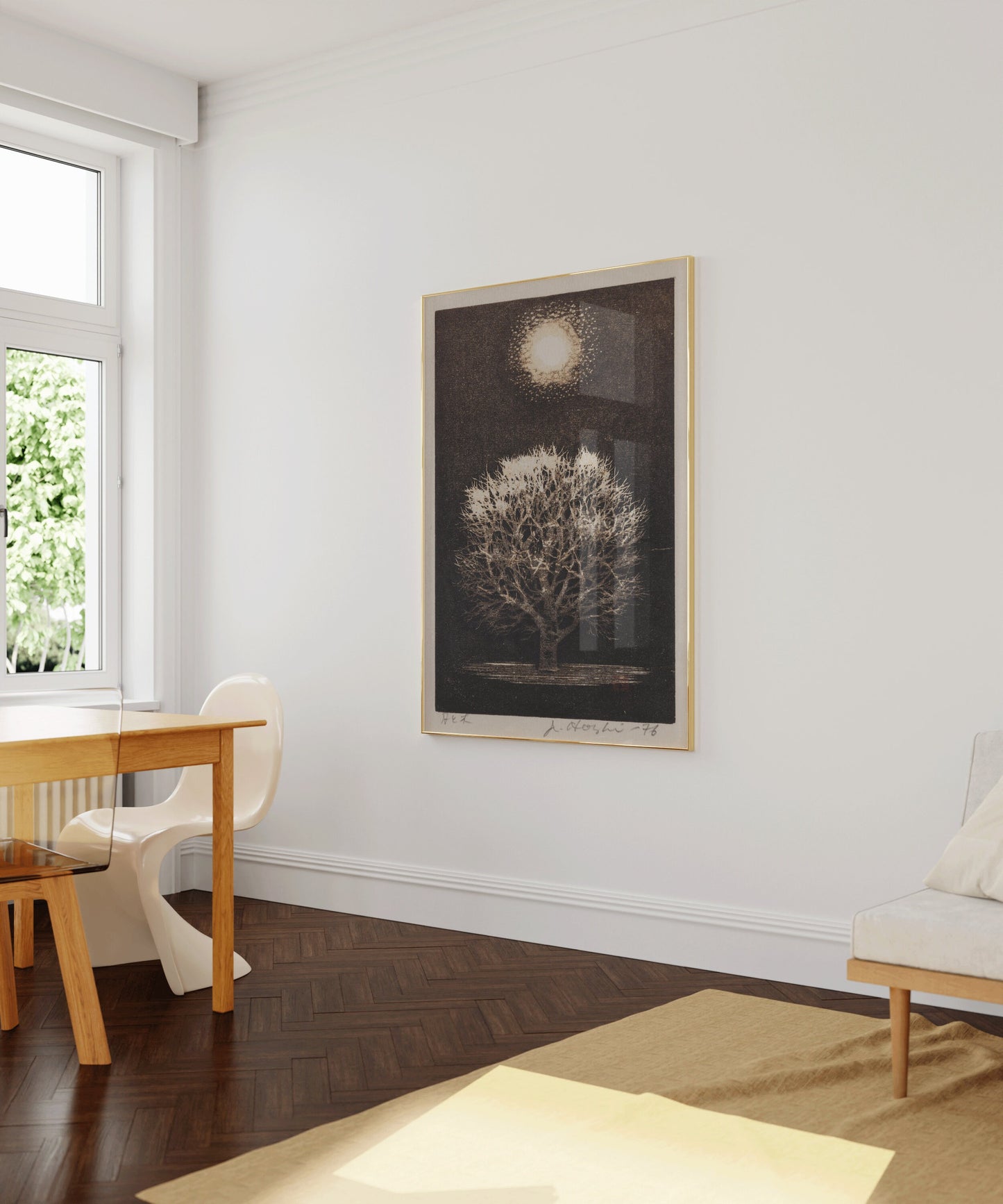 "Joichi Hoshi Tree Under Moon woodblock art framed on wall in elegant room setting"