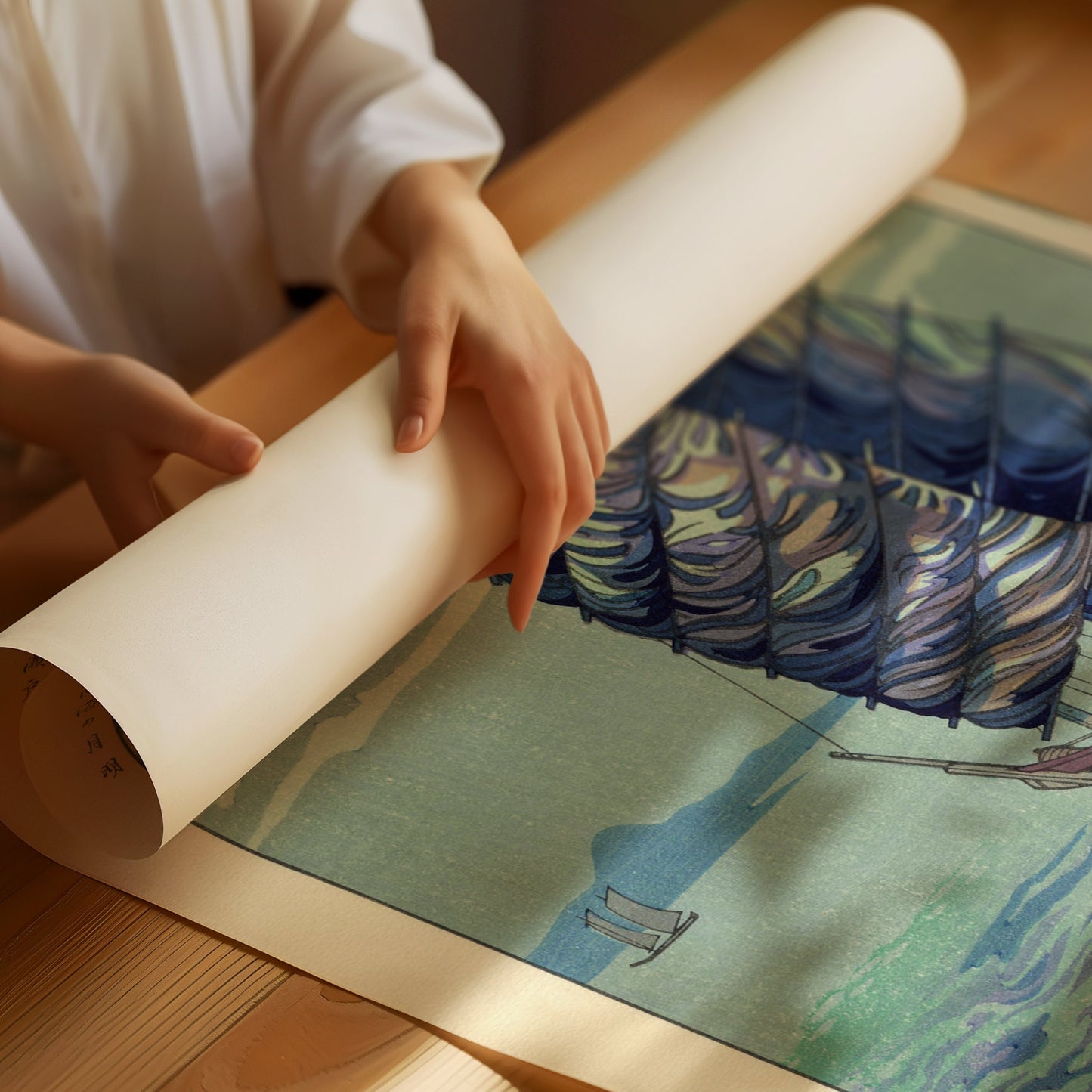 Person handling vintage Japanese woodblock print, showcasing intricate blue design from "Moonlight Over the Inland Sea" by Okazaki Shintaro.