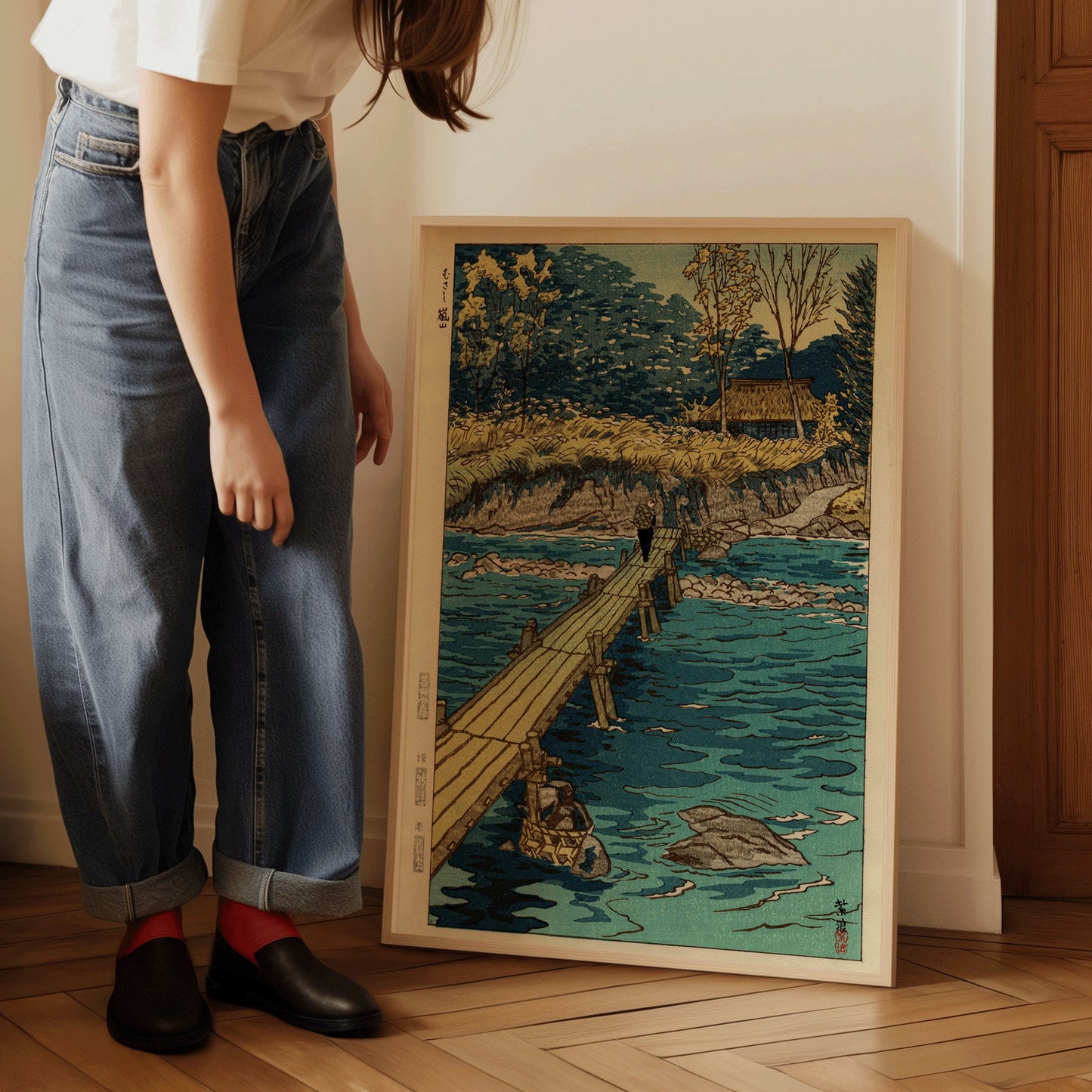 Shiro Kasamatsu Bridge at Musashi art print leaning on floor, framed in high-quality wood, perfect for home decor.