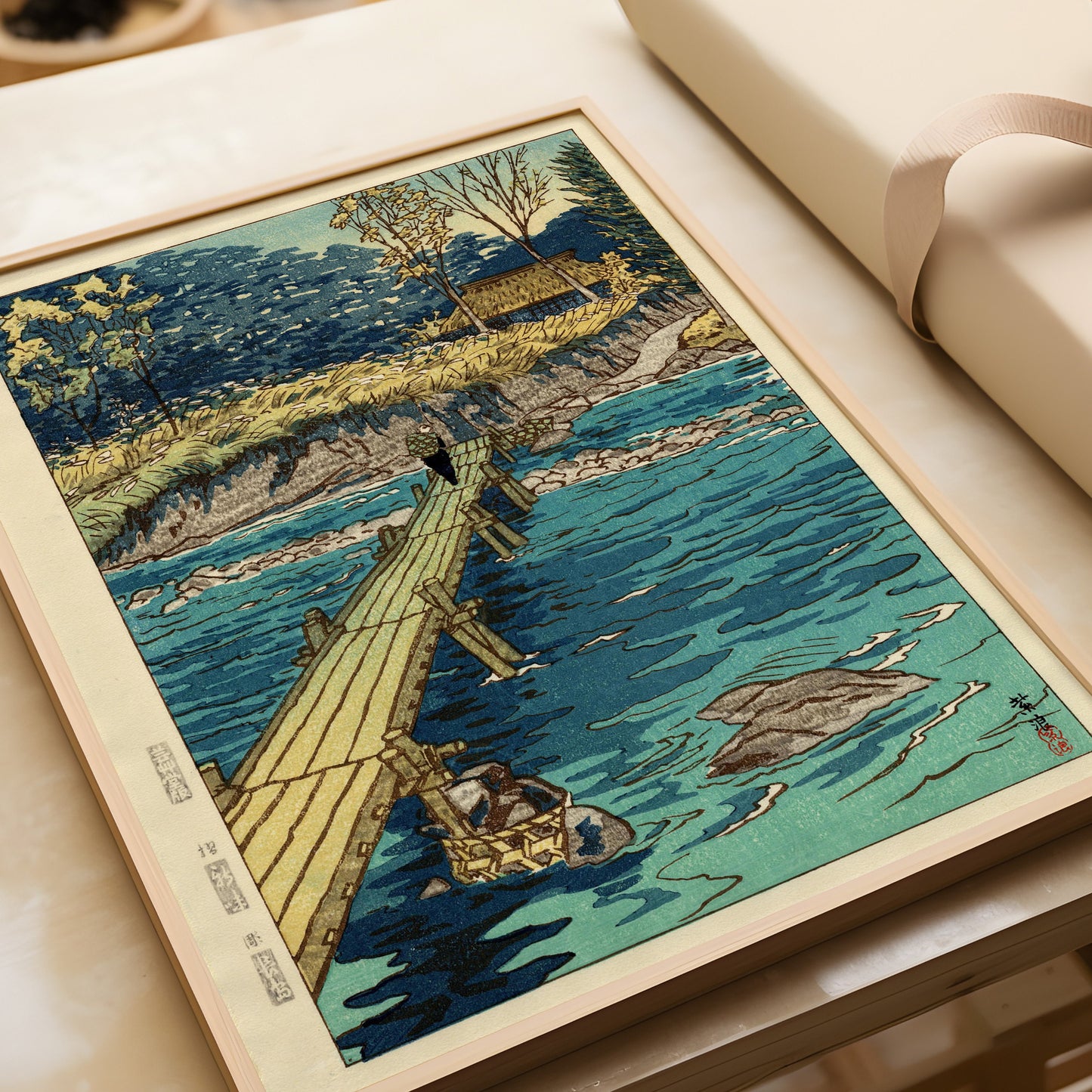 Shiro Kasamatsu's Bridge at Musashi, Arashiyama art print framed in handcrafted wooden frame.