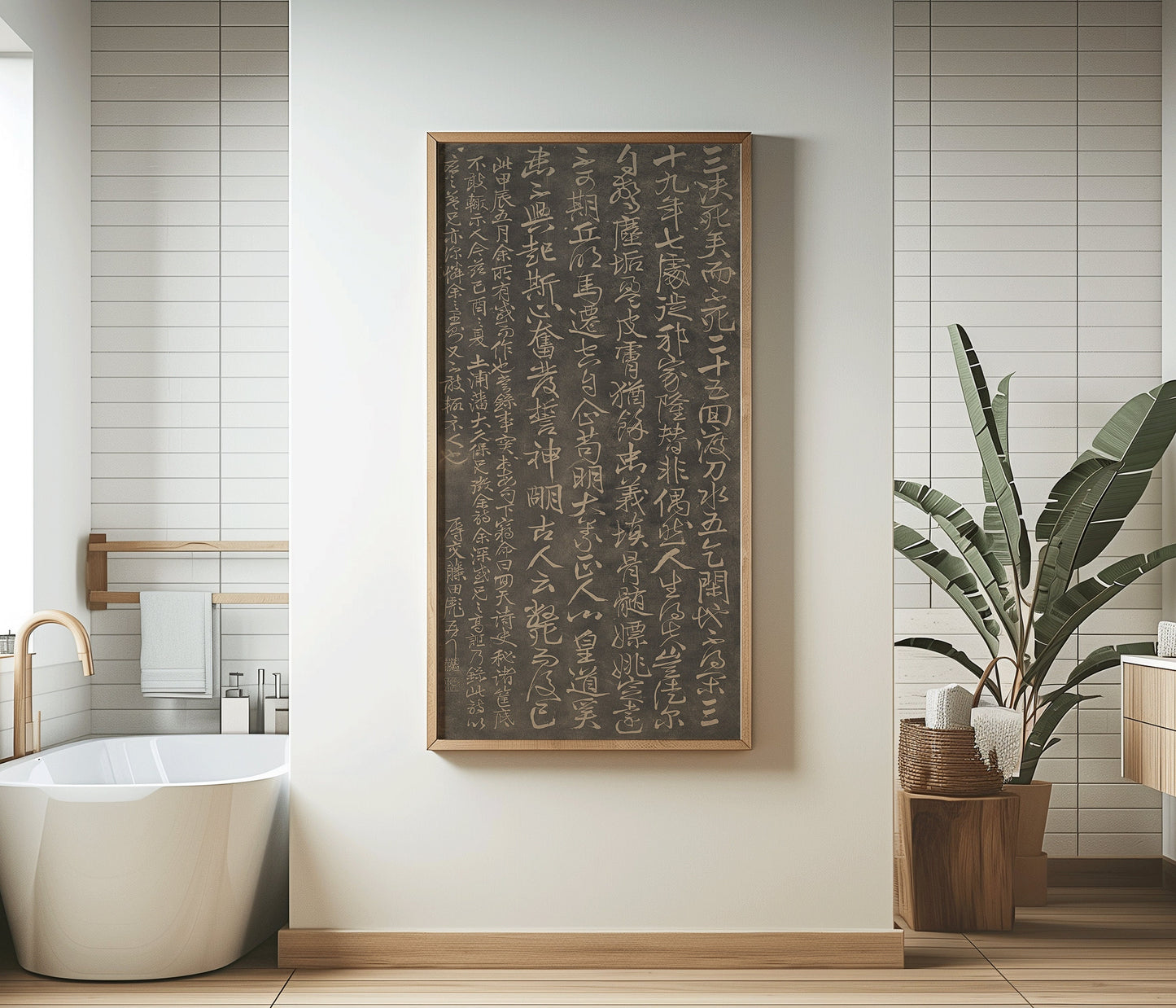 Vintage Asian calligraphy art framed in oak displayed in modern bathroom.