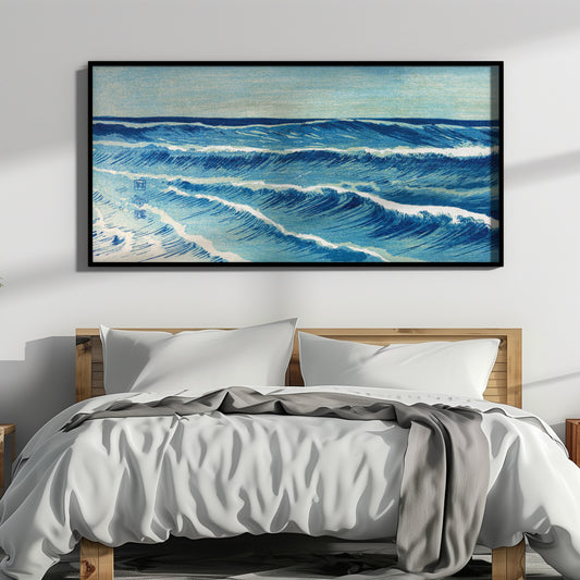 Uehara Konen - Ocean Waves | Vintage Japanese Wide Panoramic Art in Blue (available framed or unframed)