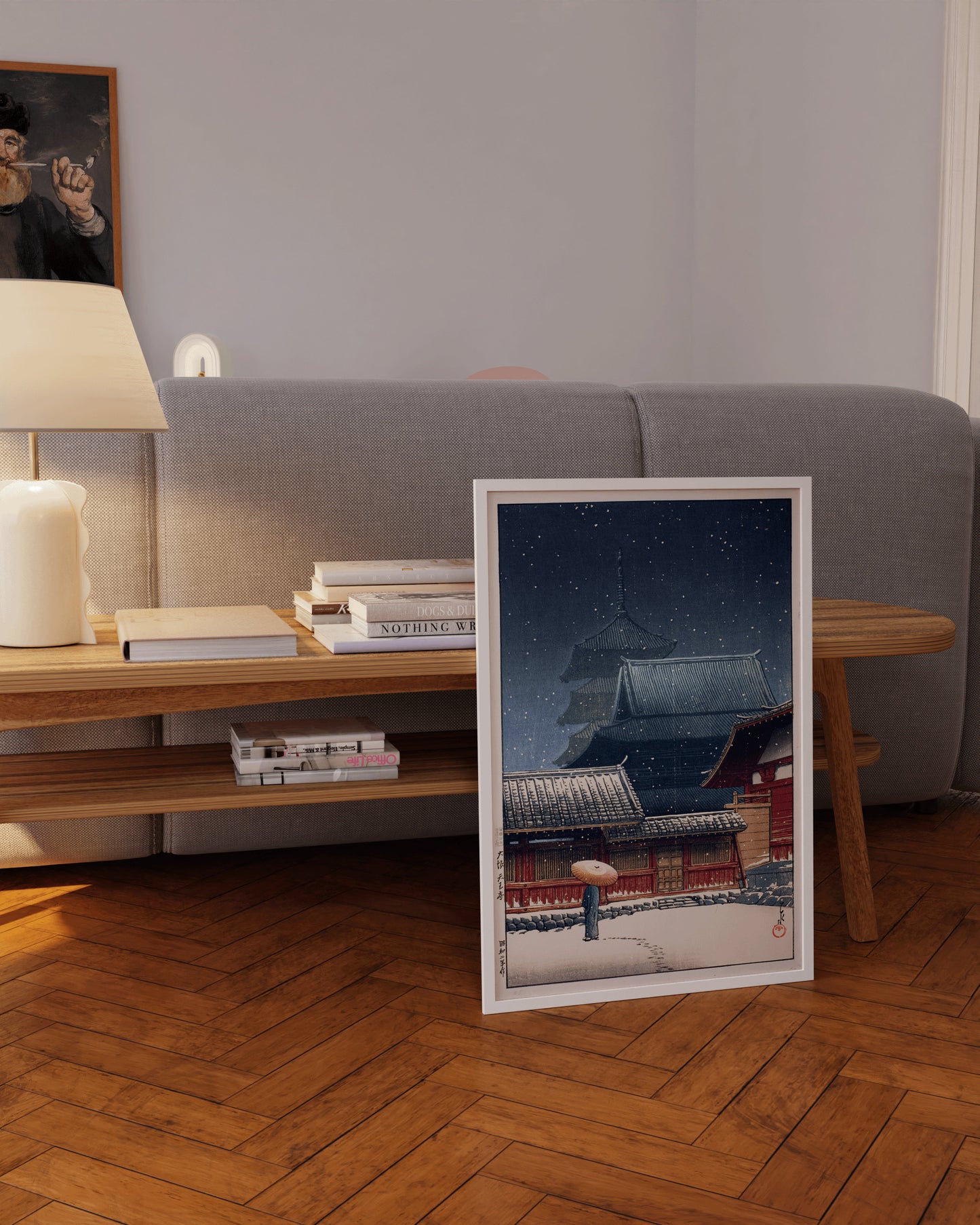 "Kawase Hasui Tenno Temple print in frame, Japanese woodcut art displayed in modern living room."