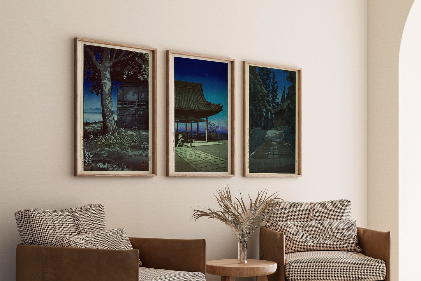 Kawase Hasui night theme art prints, framed set of three on wall above cozy seating area, enhancing interior decor.