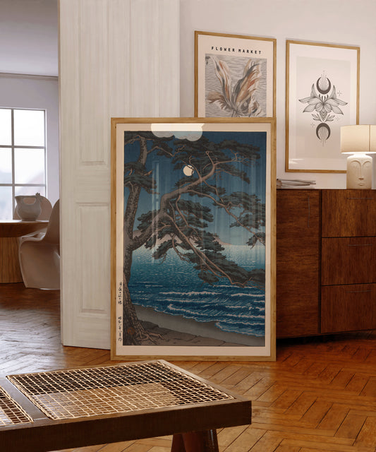 "Kawase Hasui Moon at Enoshima Beach framed art print in stylish room, showcasing vintage Japanese woodblock with bespoke oak frame."