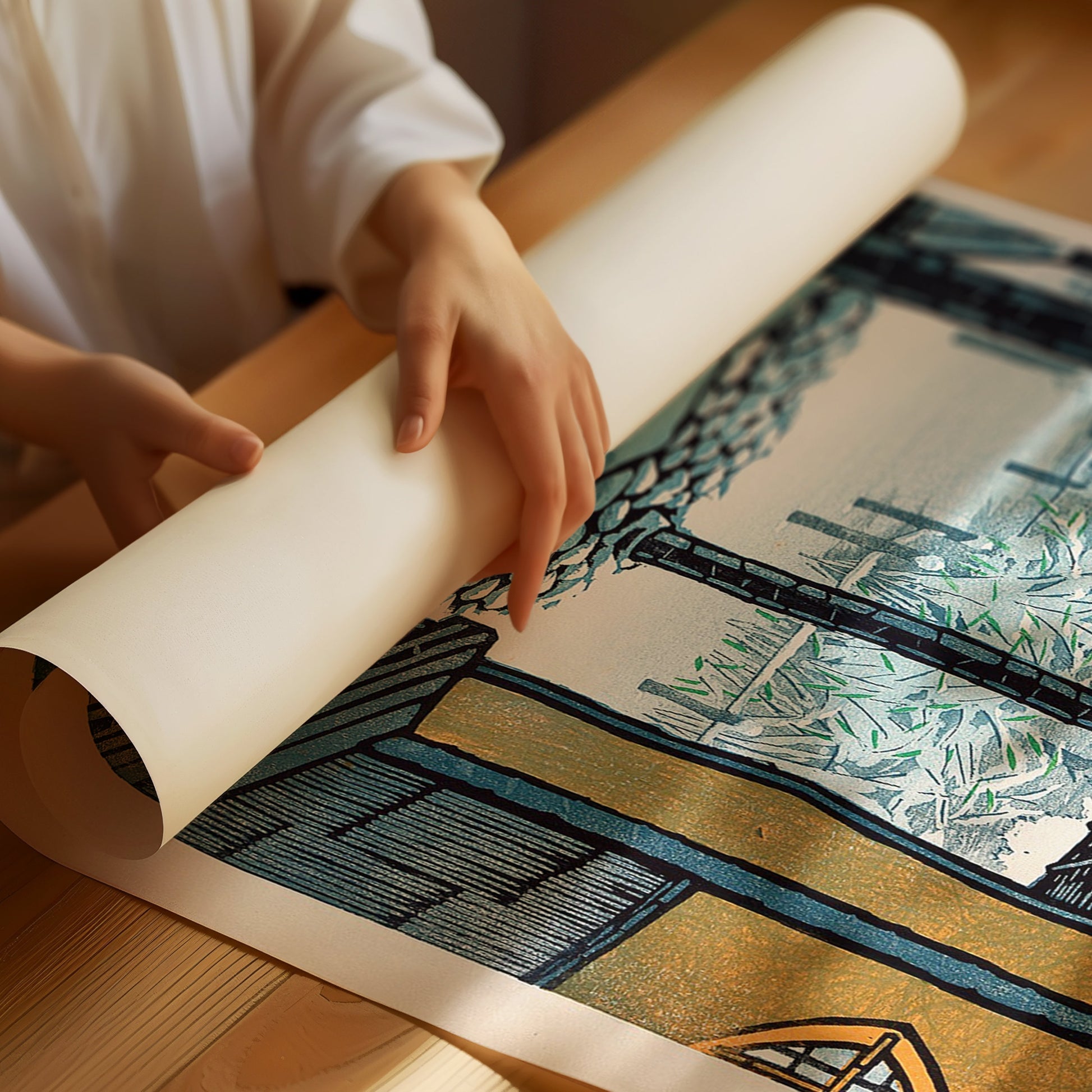 Person handling Shiro Kasamatsu's Snow woodblock print, showcasing vintage Japanese art on fine archival paper.