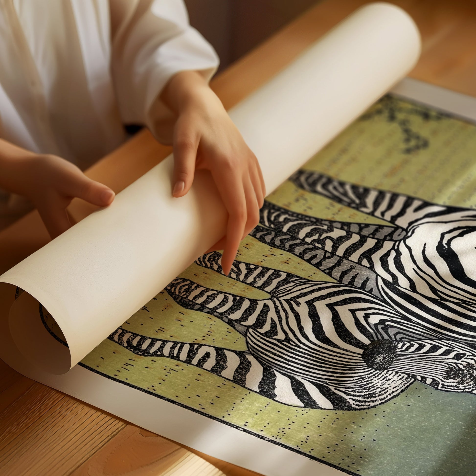 Rolling out Toshi Yoshida's Zebra woodblock art print in yellow gold, showcasing fine detail and craftsmanship.