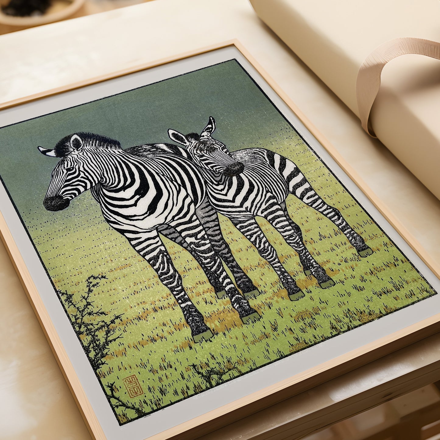 Toshi Yoshida Zebras Vintage Japanese Woodblock Art in Yellow Gold, framed museum-quality fine art print.