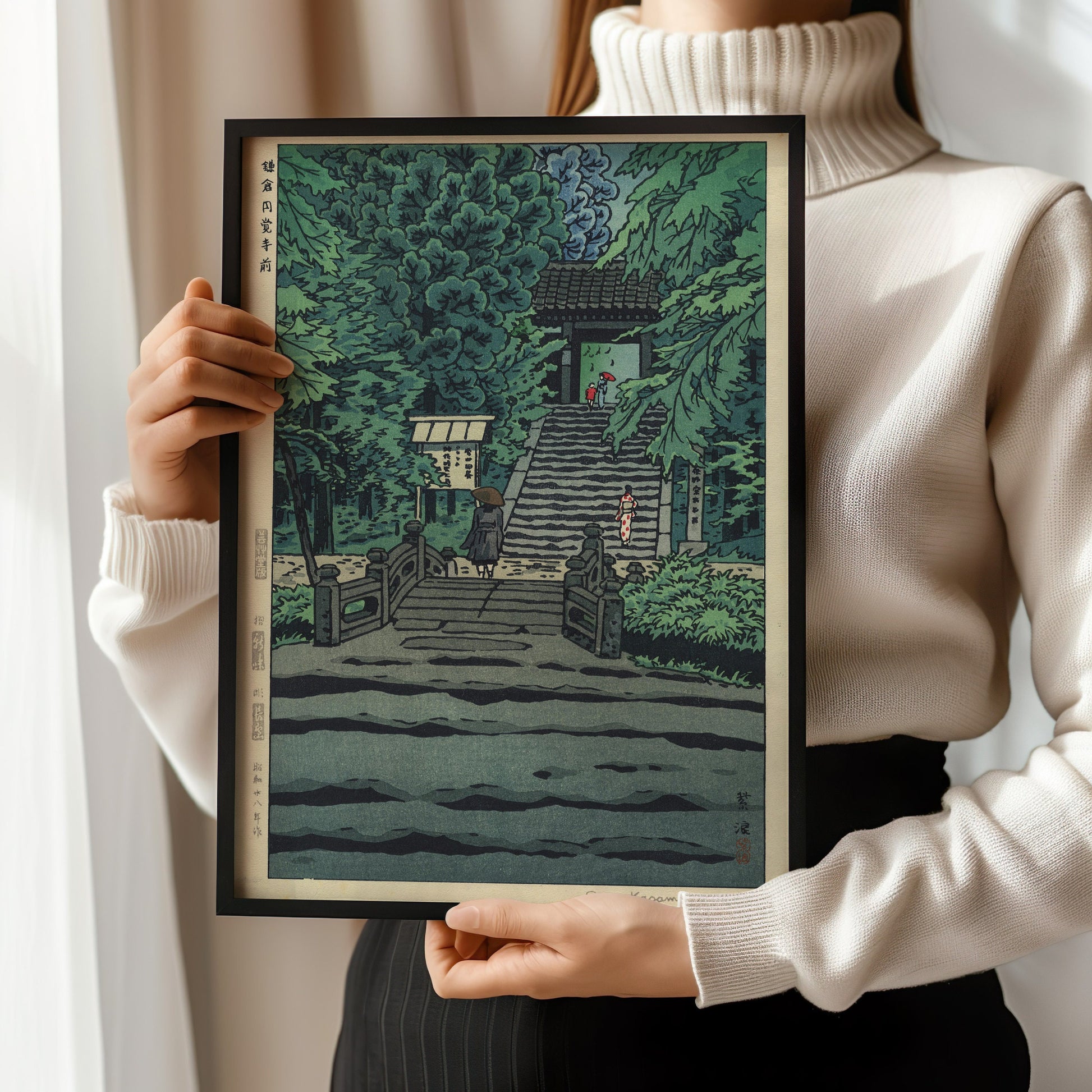 Vintage Japanese woodblock art "In Front of Engakuji Temple" in green, held by person, available framed or unframed.