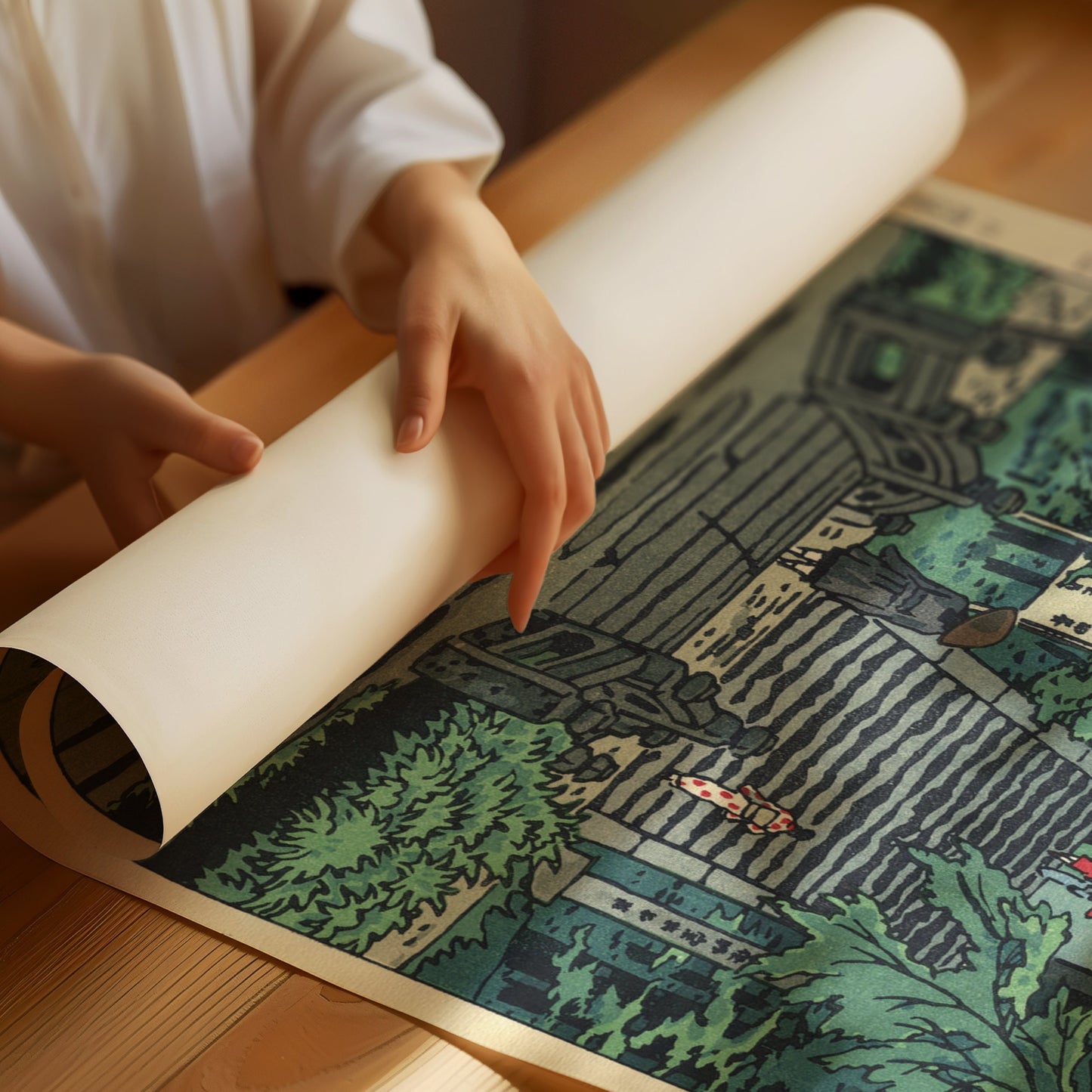 Hand rolling a Shiro Kasamatsu vintage Japanese woodblock art print in green, showcasing Engakuji Temple, available framed or unframed.