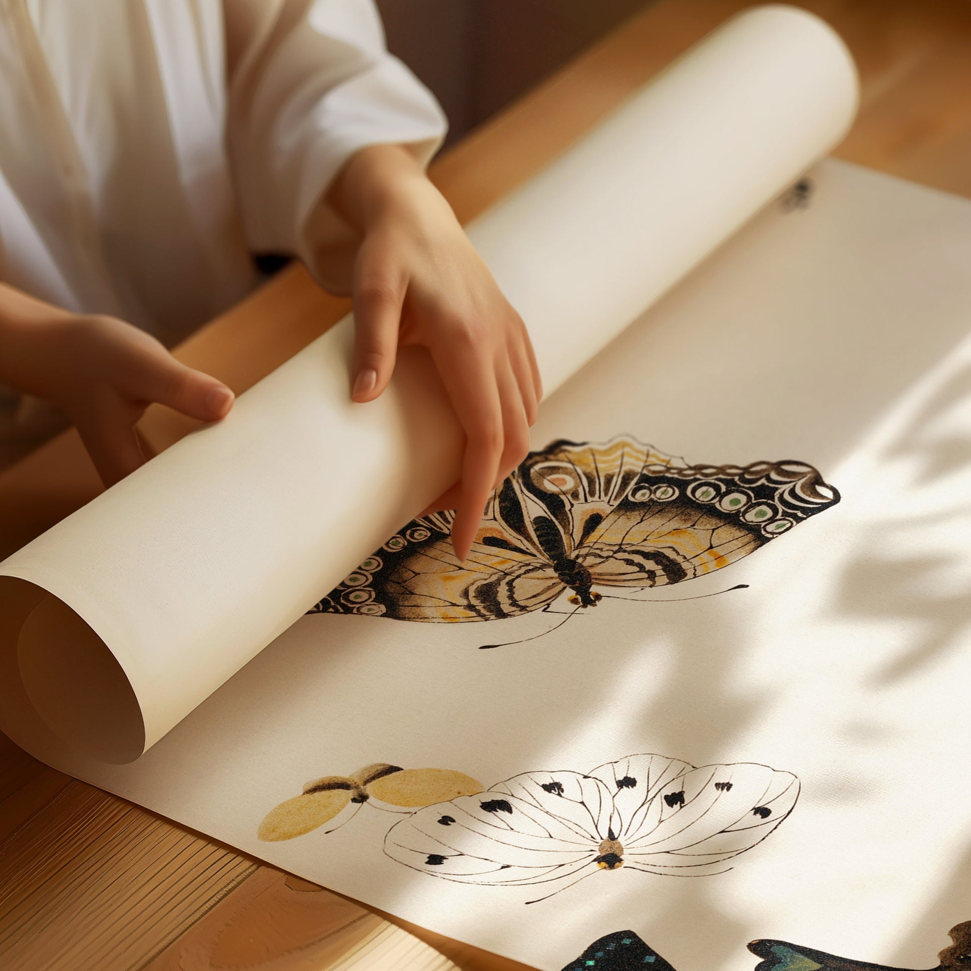 Person unrolling Shibata Zeshin vintage Japanese woodblock print of butterflies, highlighting fine art details on archival paper.